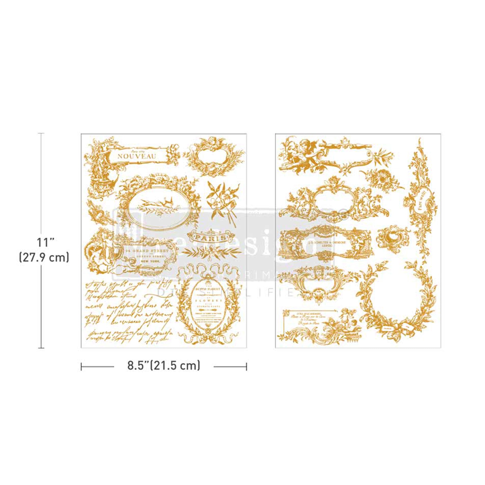 Decorative gold designs on a white background with measurements.