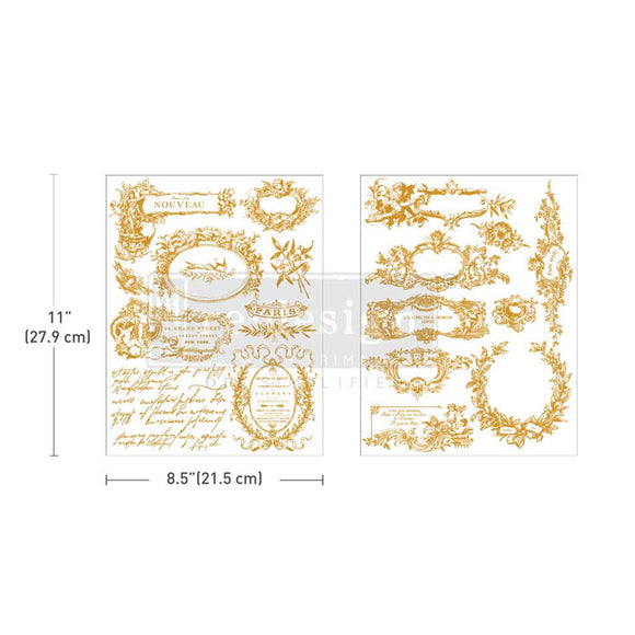 Decorative gold designs on a white background with measurements.