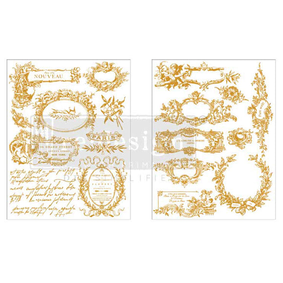 Decorative gold frames and text on a white background