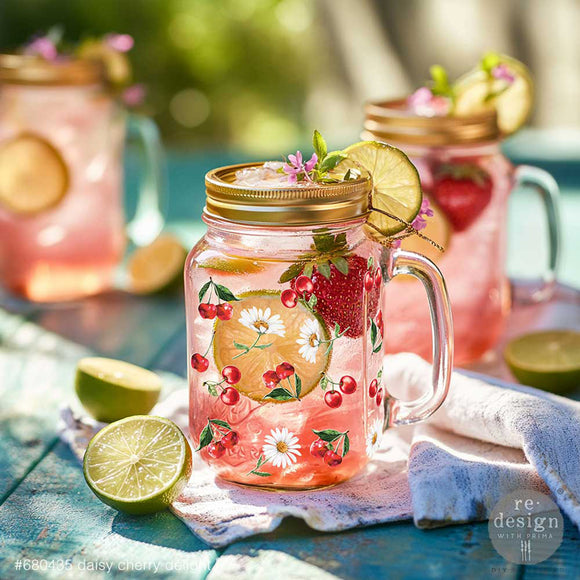 Mason jar glass mug with pink iced drink, decorated with cherry and daisy Luxe Transfer design