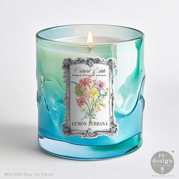Blue glass candle decorated with Lemon Verbena floral frame Luxe Transfer by ReDesign with Prima