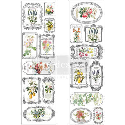 ReDesign with Prima Fleur de Frame Luxe Transfers, two clear acetate sheets with vintage floral frame label designs