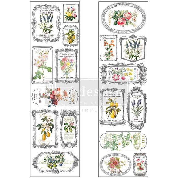 ReDesign with Prima Fleur de Frame Luxe Transfers, two clear acetate sheets with vintage floral frame label designs