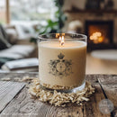 Romance en Fleur Luxe Transfer applied to a candle jar featuring an ornate crest with crown and botanical details