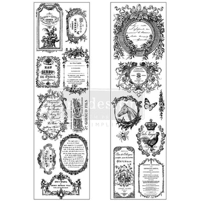 ReDesign with Prima Romance en Fleur Luxe Transfer, two clear acetate sheets with vintage French labels, ornate frames, bees, butterfly, horse and crown designs