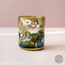 Whispers of Indigo Luxe Transfer applied to amber glass tumbler, floral wrap with indigo blooms and soft blush flowers
