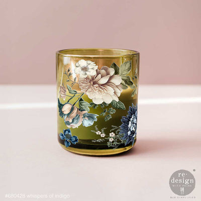Whispers of Indigo Luxe Transfer applied to amber glass tumbler, floral wrap with indigo blooms and soft blush flowers