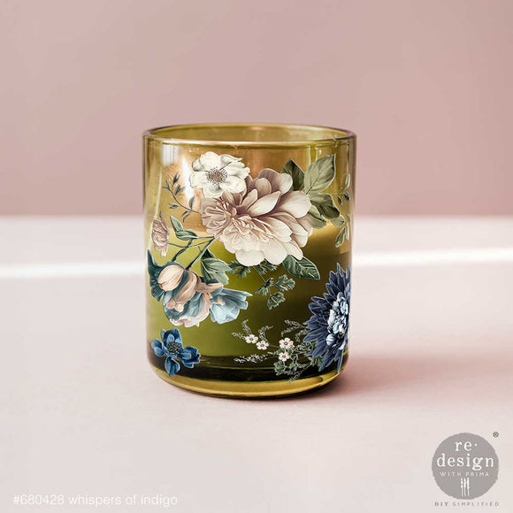 Whispers of Indigo Luxe Transfer applied to amber glass tumbler, floral wrap with indigo blooms and soft blush flowers