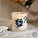 Whispers of Indigo Luxe Transfer applied to frosted glass candle, indigo blue flower with greenery