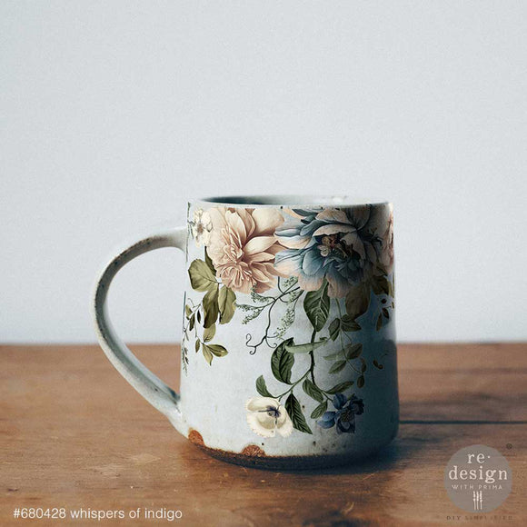 Whispers of Indigo Luxe Transfer applied to ceramic mug, blue and blush florals with trailing vines