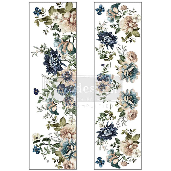 ReDesign with Prima Whispers of Indigo Luxe Transfer, 2 sheets, blue and blush floral borders on clear acetate