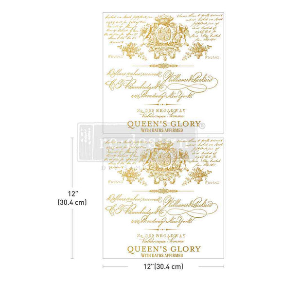 Two sheets of ReDesign with Prima's Queen's Glory small rub-on transfers are against a white background. Measurements for 1 sheet reads: 12" (30.4 cm) by 12" (30.4 cm).