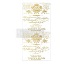 Two sheets of tissue paper featuring gold French script and crests are against a white background.