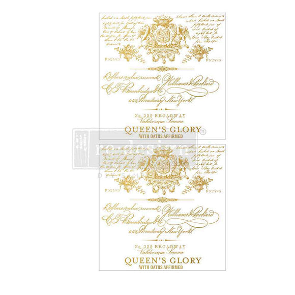 Two sheets of tissue paper featuring gold French script and crests are against a white background.