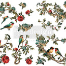 Pattern of birds and flowers on a white background with a Redesign with Prima logo.