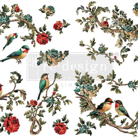 Pattern of birds and flowers on a white background with a Redesign with Prima logo.