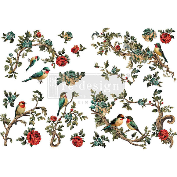 Decorative design with birds and flowers on a white background