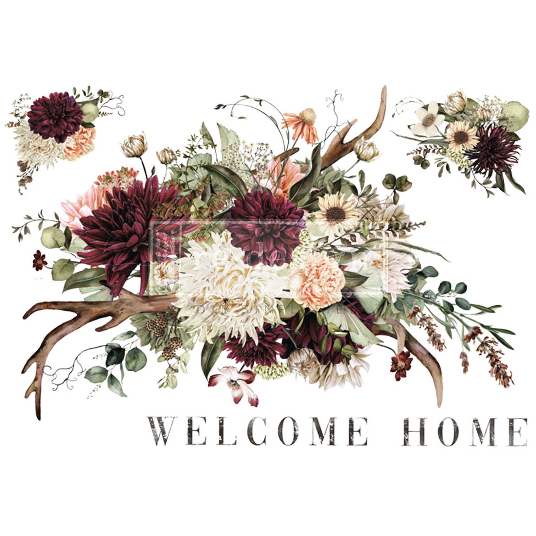 A rub-on transfer of a fall floral arrangement in beautiful shades of burgundy, cream, and blush surrounded by lush greenery and antlers, and the words 'Welcome Home'.