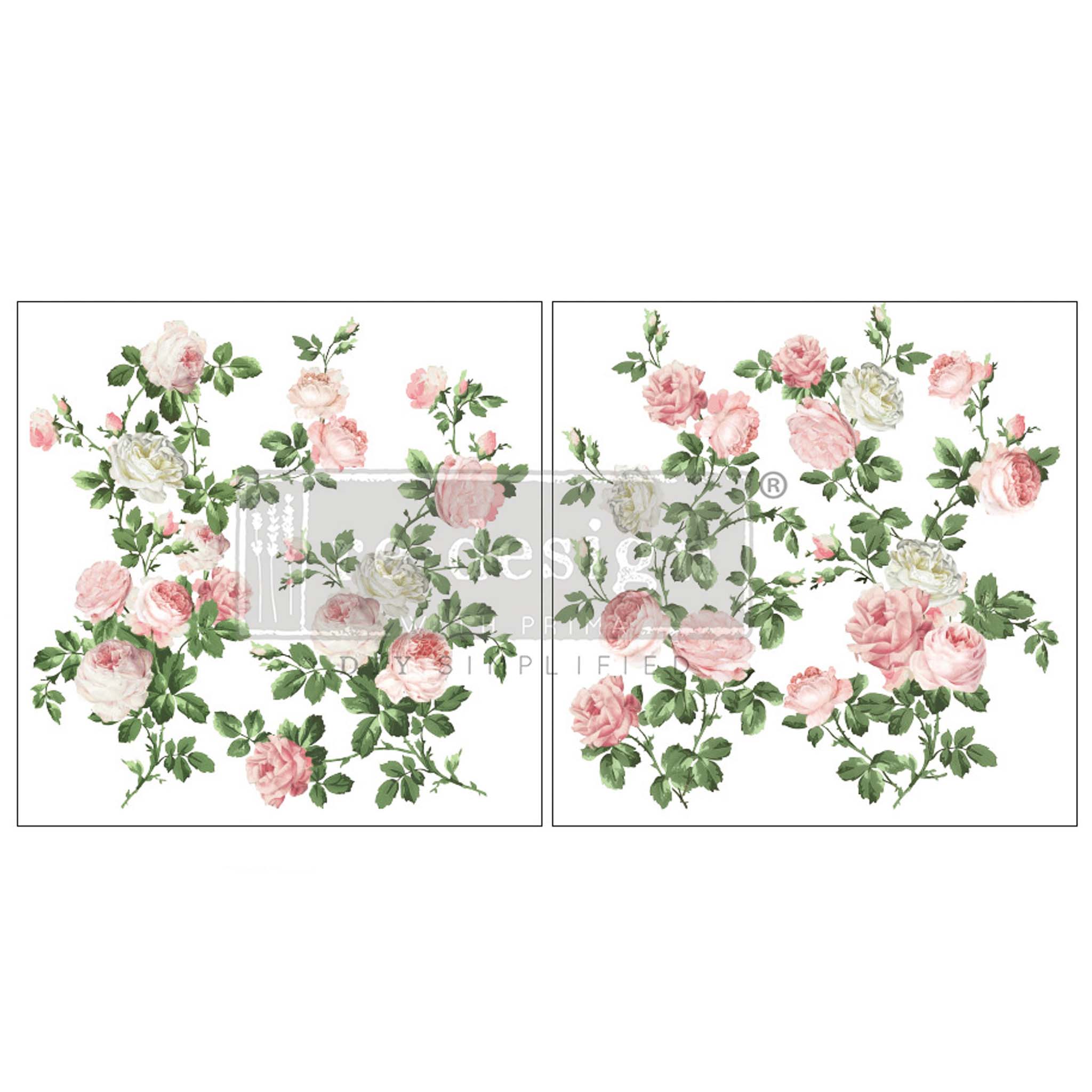 Two sheets of rub-on transfers featuring pretty pink and white roses with their green foliage.