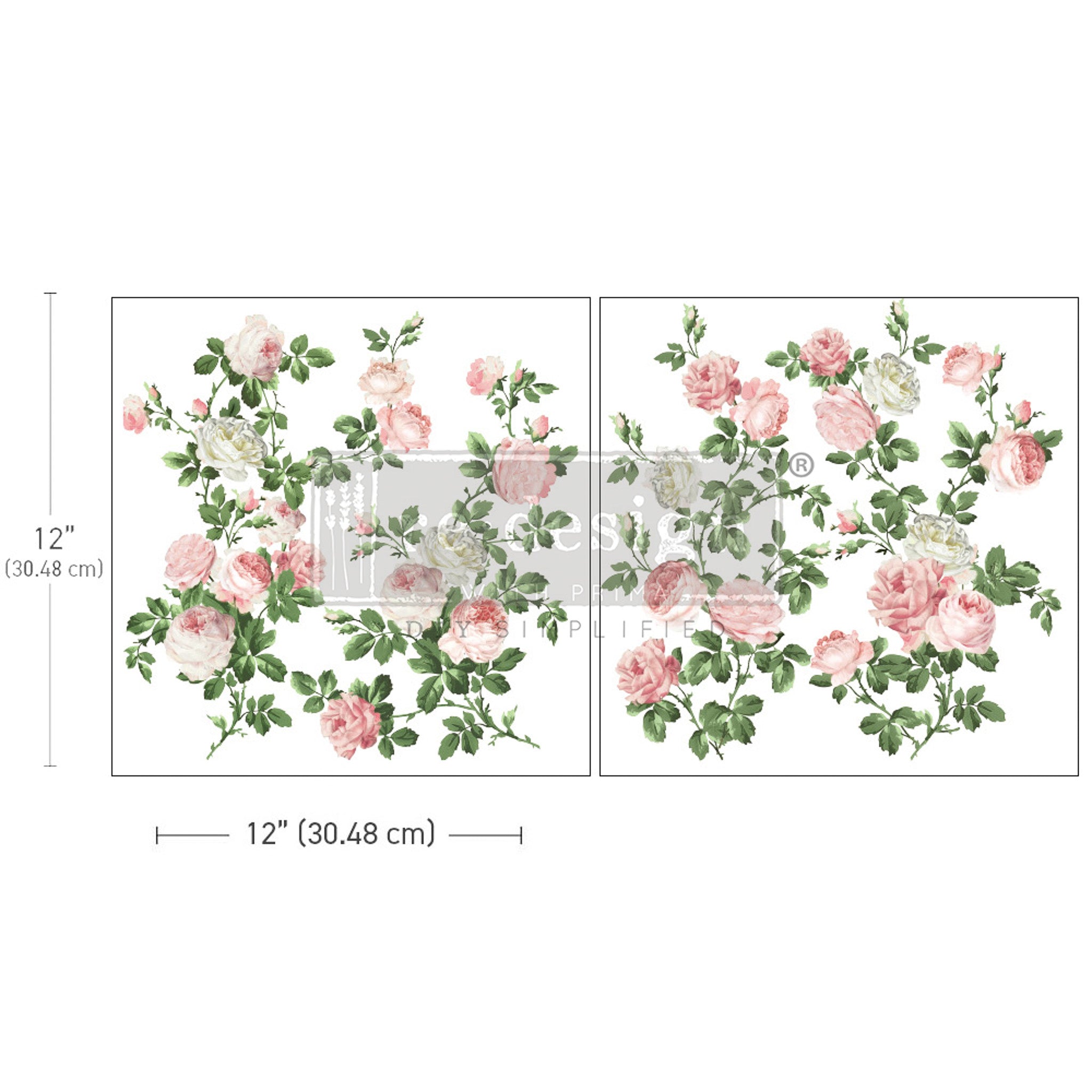 Two sheets of rub-on transfers featuring pretty pink and white roses with their green foliage. Measurements for 1 sheet reads 12" (30.48 cm) by 12" (30.48 cm).