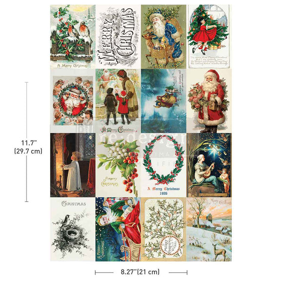 Collage of vintage Christmas cards with Santa Claus, wreaths, and winter scenes.