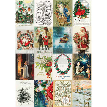 Collage of vintage Christmas cards featuring Santa Claus, wreaths, and winter scenes.