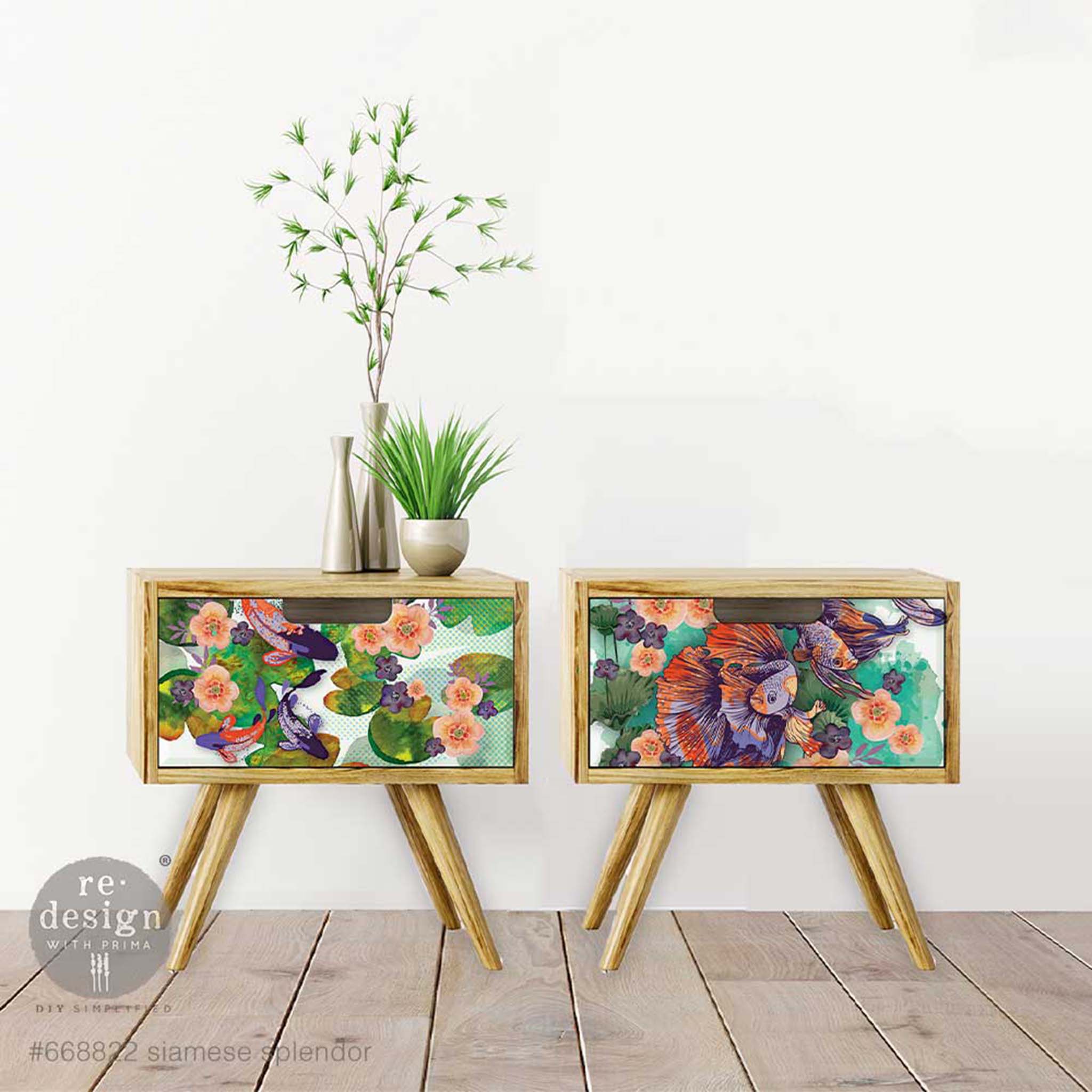 Two mid-century nightstands with 1 drawer each are a light natural wood and features ReDesign with Prima's Siamese Splendor 12"x12" rub-on transfer on the drawers.