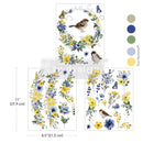 Three sheets of ReDesign with Prima's Sunlit Aviary small rub-on transfers are against a white background with 5 matching color samples. Measurements for 1 sheet reads 11" (27.9 cm) y 8.5" (21.5 cm)