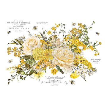 Rub-on transfer featuring creamy roses, yellow flowers, and delicate French script is against a white background.