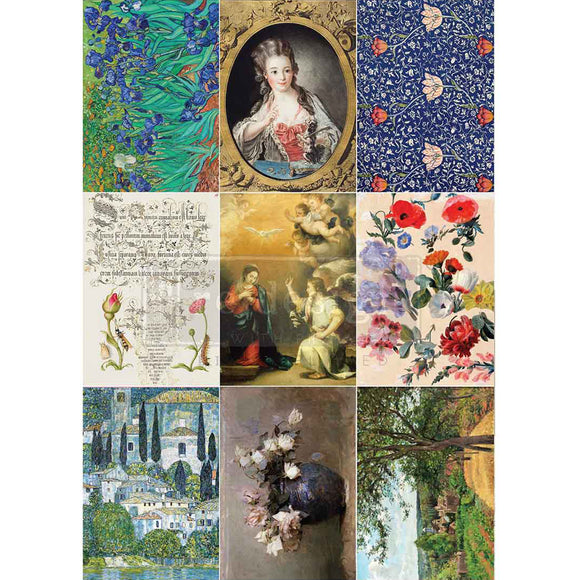 Collage of various artistic images including floral patterns, portraits, and landscapes.