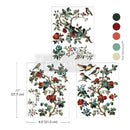 Decorative transfer with floral and bird design, including color swatches and dimensions.