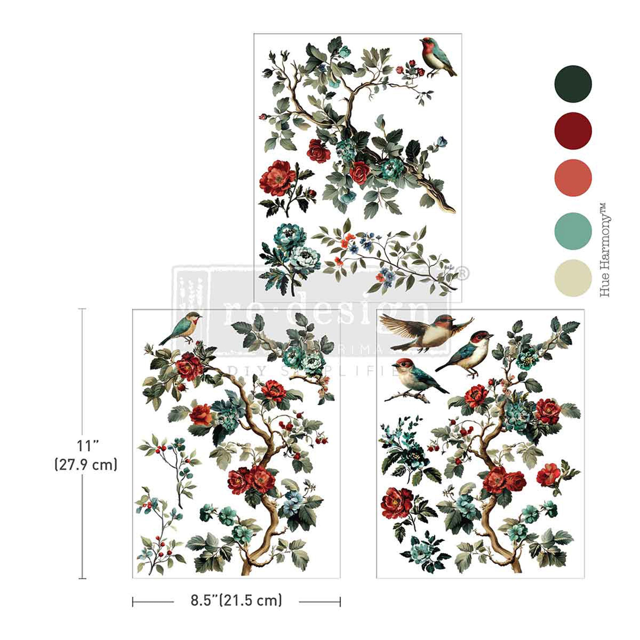 Decorative transfer with floral and bird design, including color swatches and dimensions.