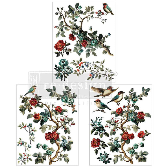 Decorative sheet with floral and bird designs on a white background