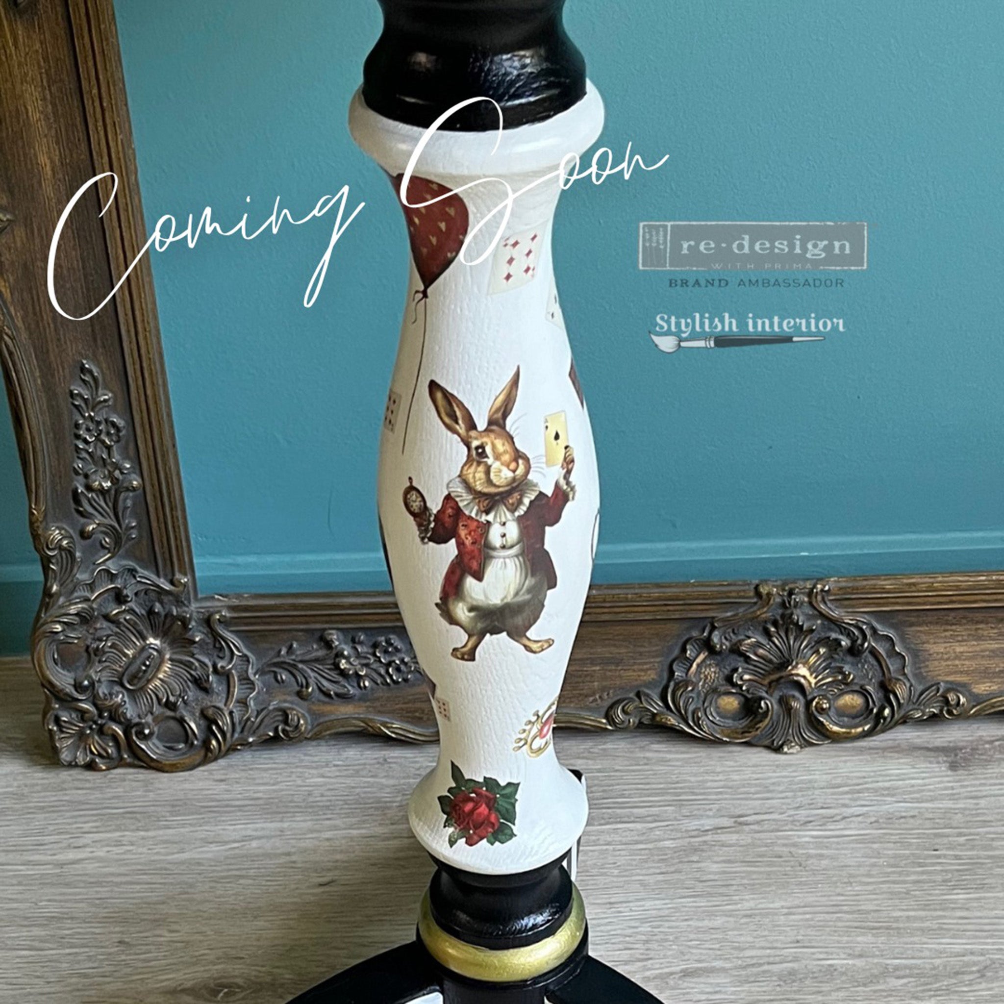 A vintage lamp refurbished by Stylish Interiors features ReDesign with Prima's Whimsical Realm middy transfer on the stand.