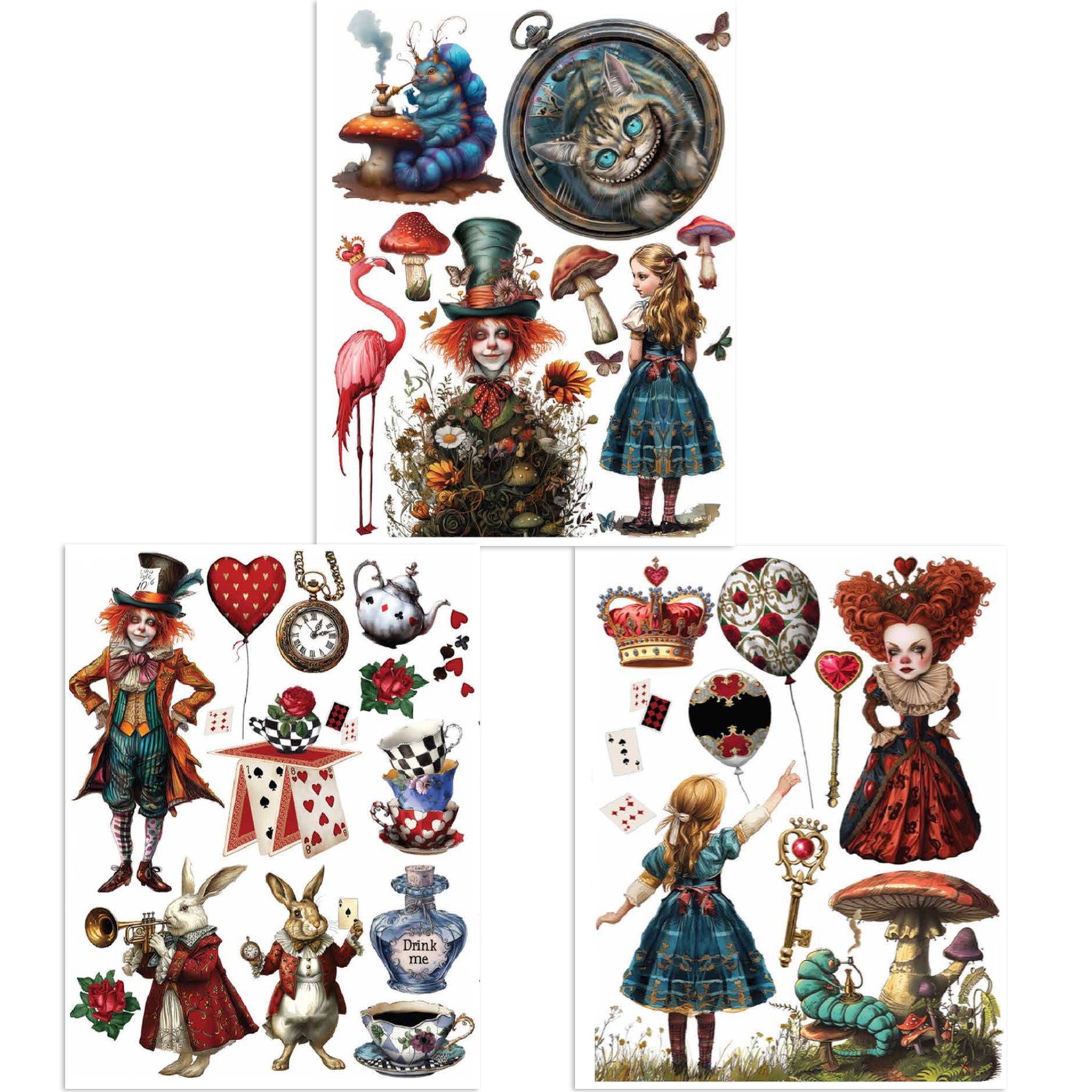 Three sheets of small rub on transfers featuring Alice in Wonderland characters, scenes, and designs are against a white background. 