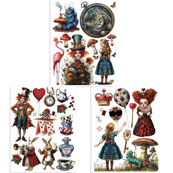 Three sheets of small rub on transfers featuring Alice in Wonderland characters, scenes, and designs are against a white background. 