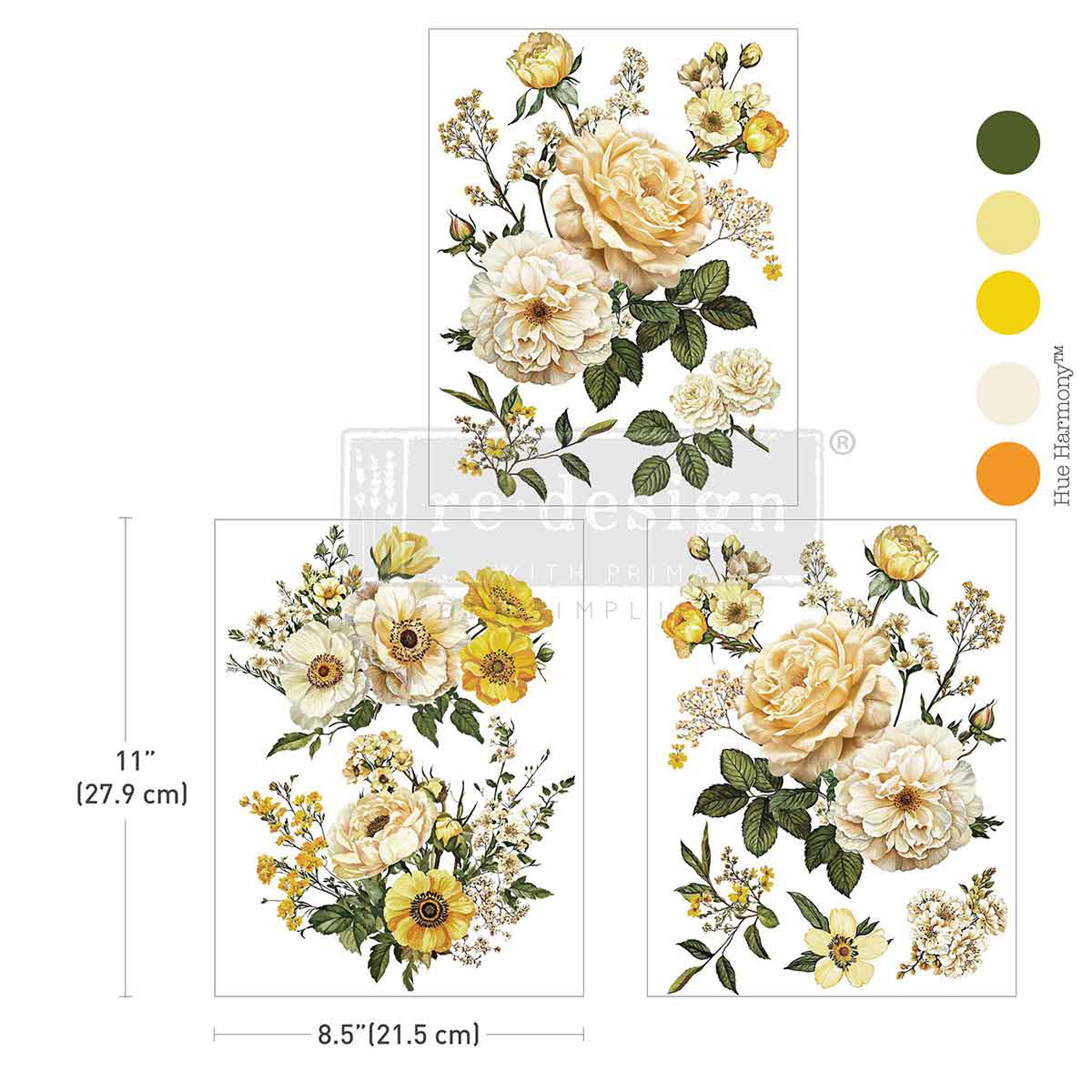 Three sheets of ReDesign with Prima's Yellow Bliss small rub-on transfers are against a white background with 5 matching color samples. Measurements for 1 sheet reads 11" (27.9 cm) y 8.5" (21.5 cm)