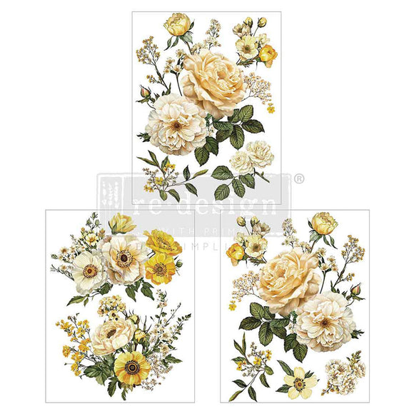 Three sheets of small rub-on transfers featuring small bouquets of beautiful cream and yellow roses are against a white background.