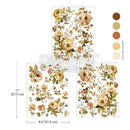 Three sheets of small rub-on transfers featuring soft yellow roses and vibrant greenery are against a white background with 5 color samples to the right. Measurements for 1 sheet reads: 11" (27.9 cm) x 8.5" (21.5 cm).