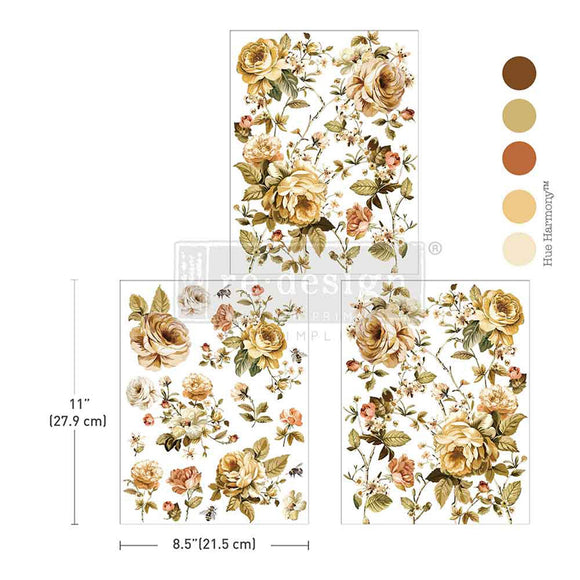 Three sheets of small rub-on transfers featuring soft yellow roses and vibrant greenery are against a white background with 5 color samples to the right. Measurements for 1 sheet reads: 11" (27.9 cm) x 8.5" (21.5 cm).