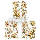 Three sheets of small rub-on transfers featuring soft yellow roses and vibrant greenery are against a white background.