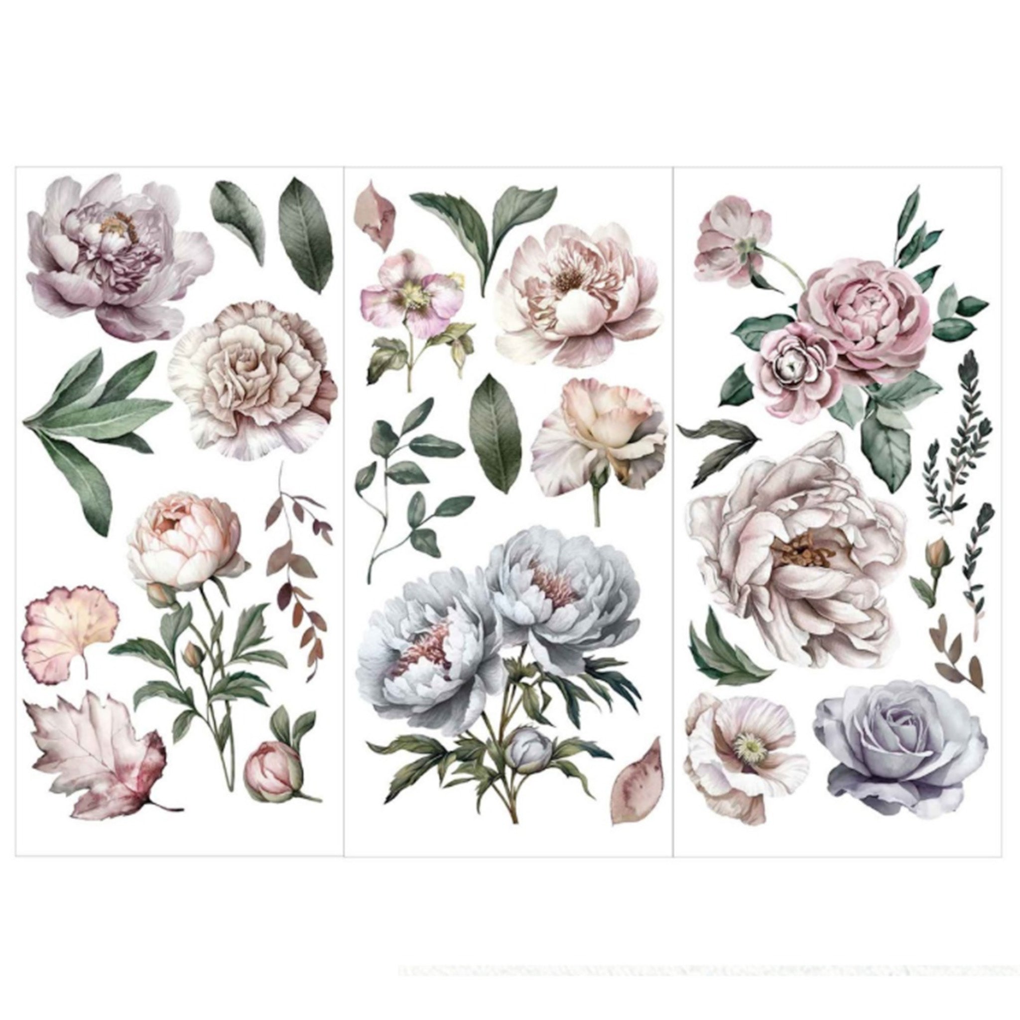 Three sheets of small rub-on transfers featuring peony blossoms in muted pinks and creams with loose green leaves are against a white background.