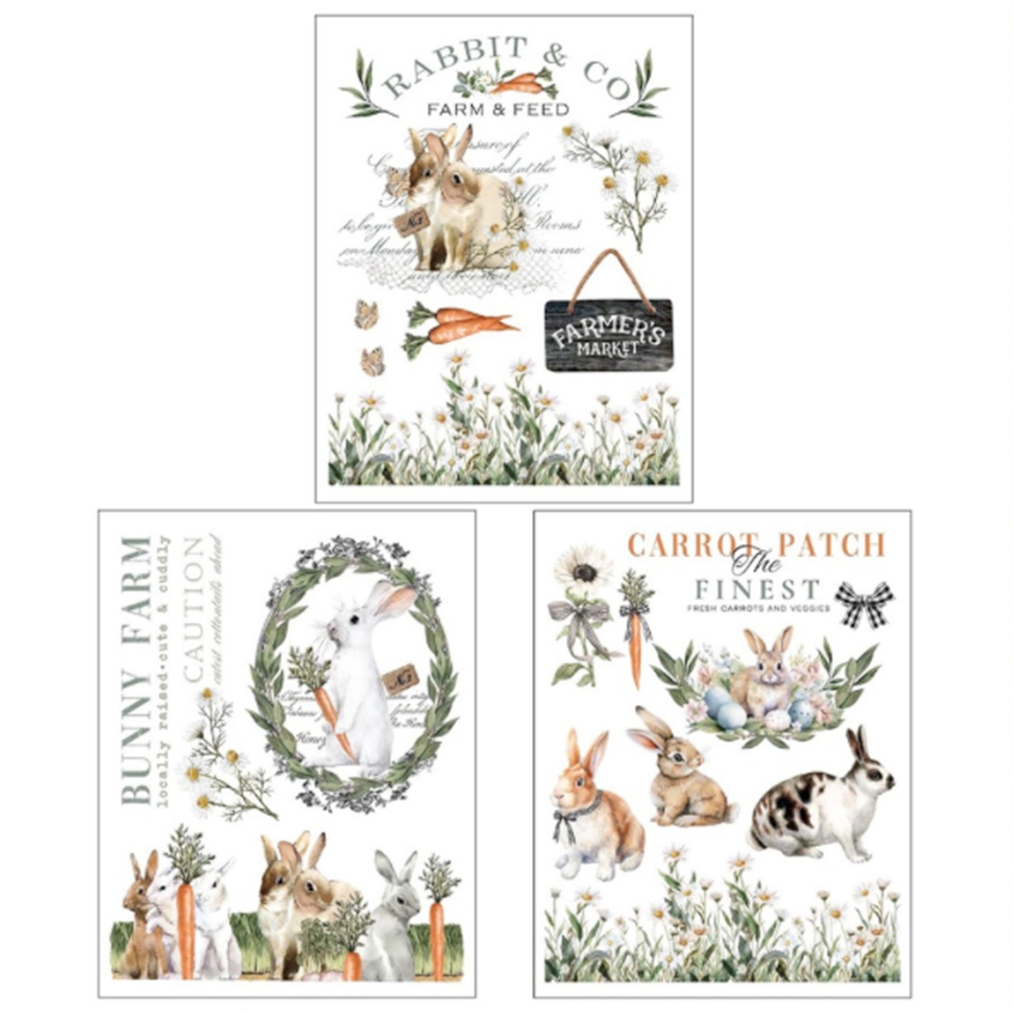 Three sheets of small rub-on transfers that feature bunnies, wreaths, and farm quotes are against a white background.