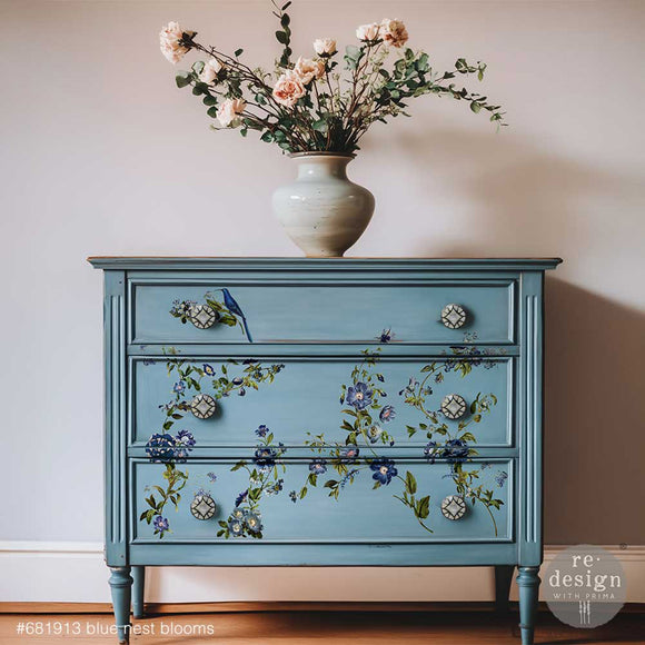 ReDesign with Prima Blue Nest Blooms furniture transfer on blue dresser drawers with blue flowers, vines, and a songbird
