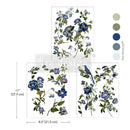 Blue Nest Blooms furniture transfer size chart showing three 8.5x11 sheets and color palette, ReDesign with Prima