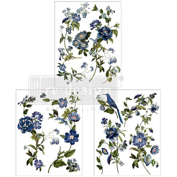 ReDesign with Prima Blue Nest Blooms rub-on furniture transfer, 3 sheets 8.5x11, blue floral and bird designs