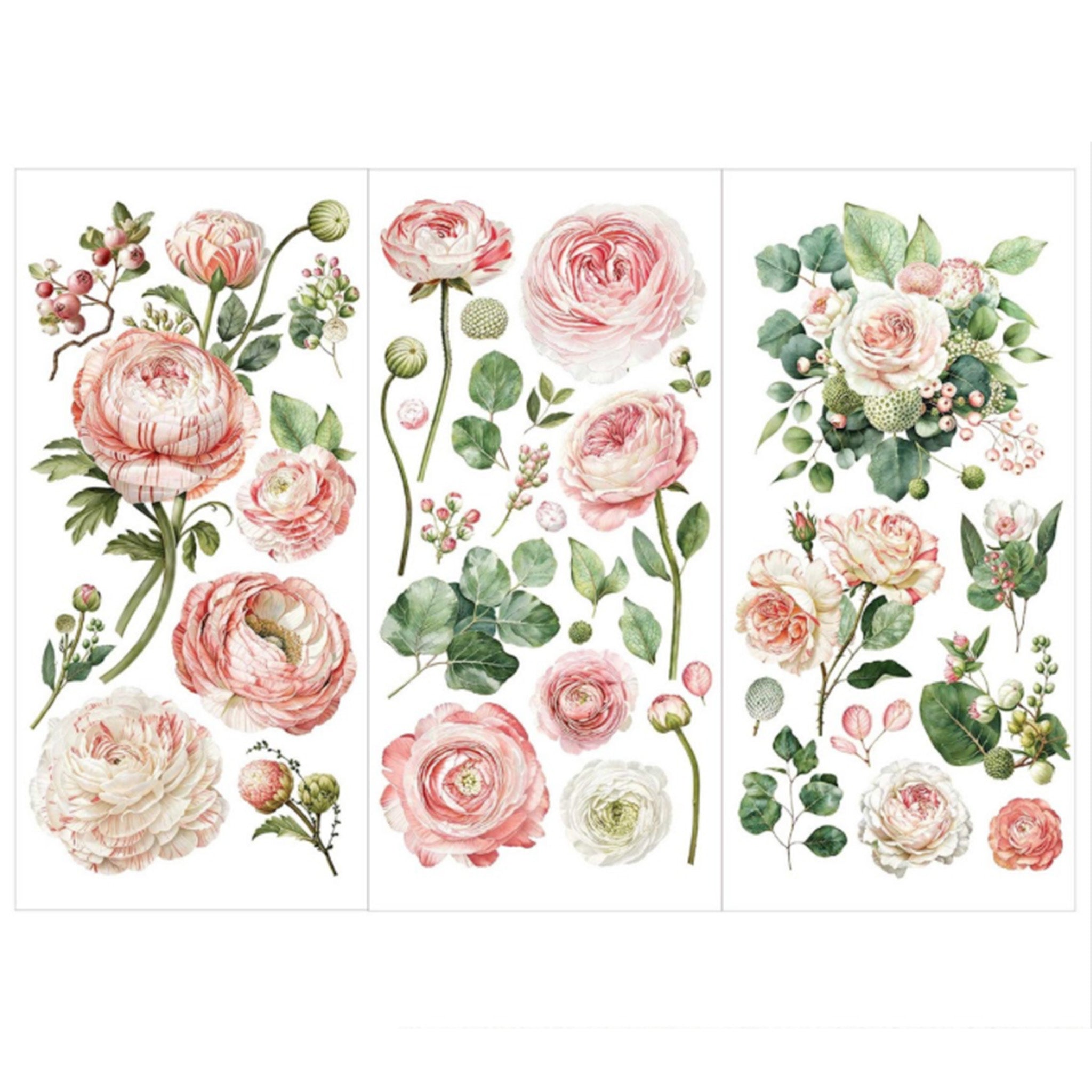 Three sheets of small rub-on transfers featuring pink and peach flowers, lush greenery, and delicate berries are against a white background.