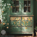A country style hutch is painted green and features ReDesign with Prima's Bouquet de Provence middy rub-on transfers on its 6 lower drawers.