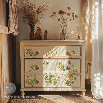 A vintage 3-drawer dresser is painted beige and features ReDesign with Prima's Bouquet de Provence middy rub-on transfer on the drawers.
