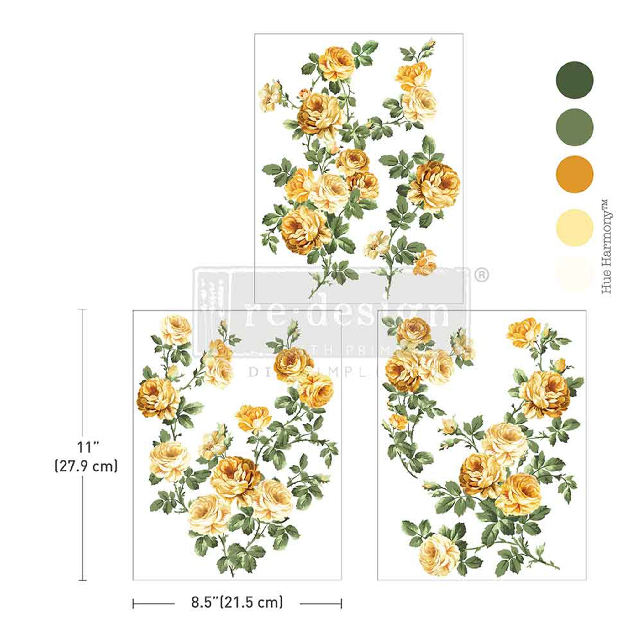 Three sheets of small rub-on transfers that feature sunny yellow roses and lush greenery are against a white background with 5 color samples to the right. Measurements for 1 sheet reads: 11" (27.9 cm) x 8.5" (21.5 cm).